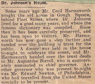 Newpaper cutting from the Cork Examiner 12th December 1929, announcing the formation of Dr Johnson's House Trust to run 17 Gough Square.